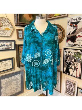 We Be Bop Womens Turquoise & White Batik Print Button-Down Rayon Shirt Size 3X
